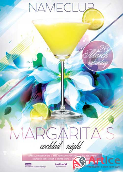 Margaritas ocktail Night PSD Premium Flyer Template + Facebook Cover