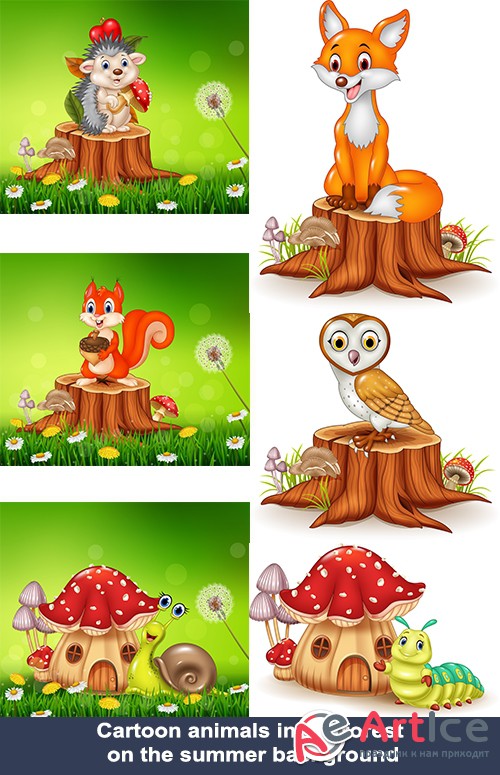 artoon animals in the forest on the summer background |       
