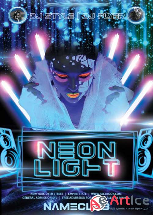Neon Light Party Flyer PSD Template + Facebook Cover