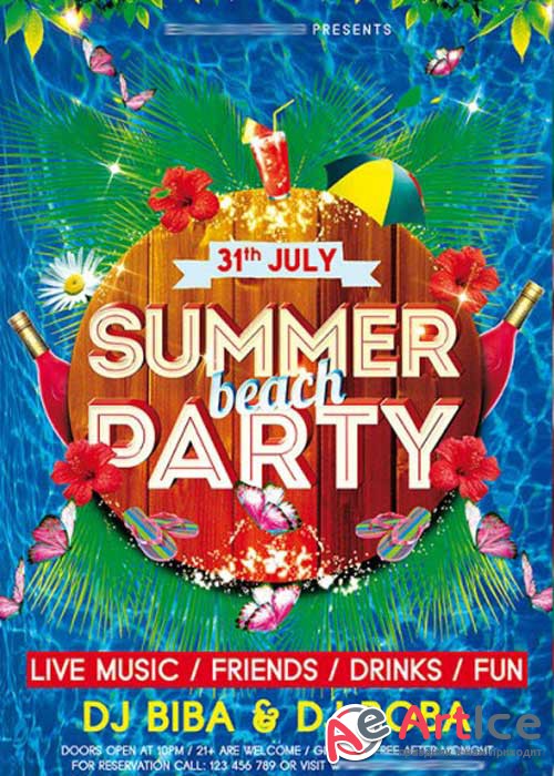 Summer V3 Beach Party Premium Flyer Template + Facebook Cover