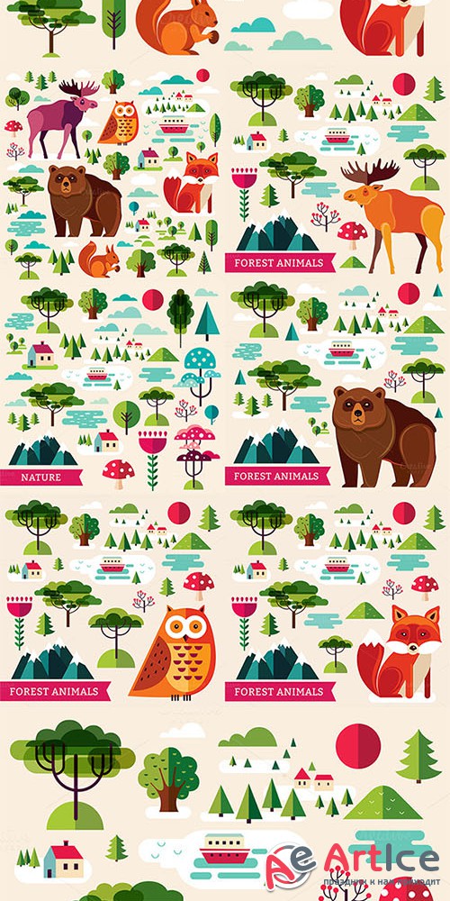 Set with forest animals and nature - Creativemarket 535873
