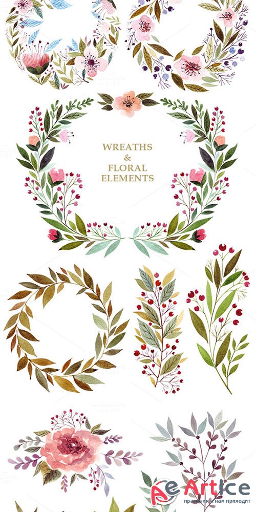 Watercolor flowers & wreaths - Creativemarket 681069