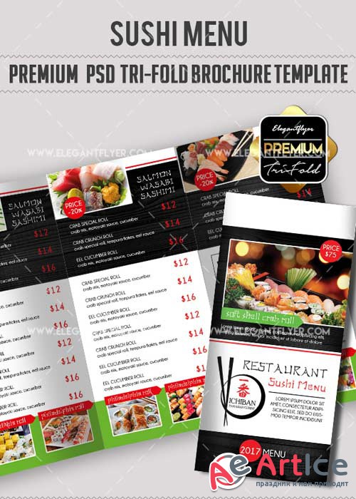 Sushi V12 Premium Tri-Fold PSD Brochure Template food menu