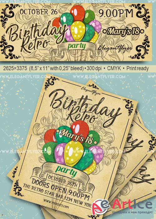 Birthday Retro Party V29 Flyer PSD Template + Facebook Cover