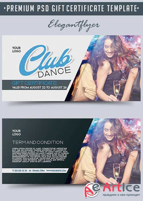Club Dance V7 Premium Gift Certificate PSD Template