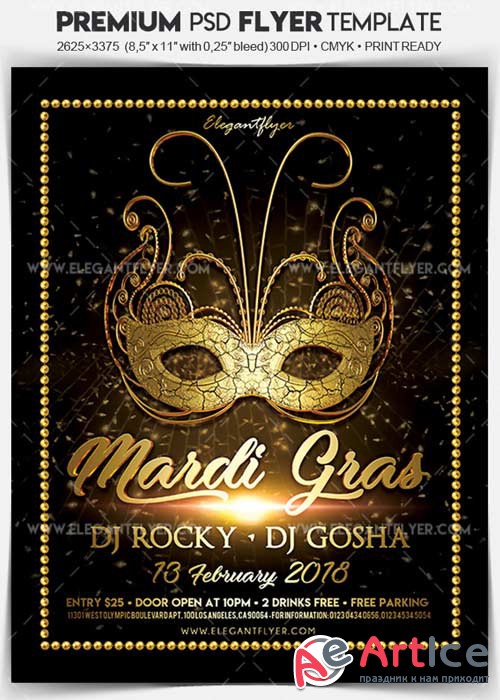 Mardi Gras Party V10 2018 Flyer PSD Template + Facebook Cover