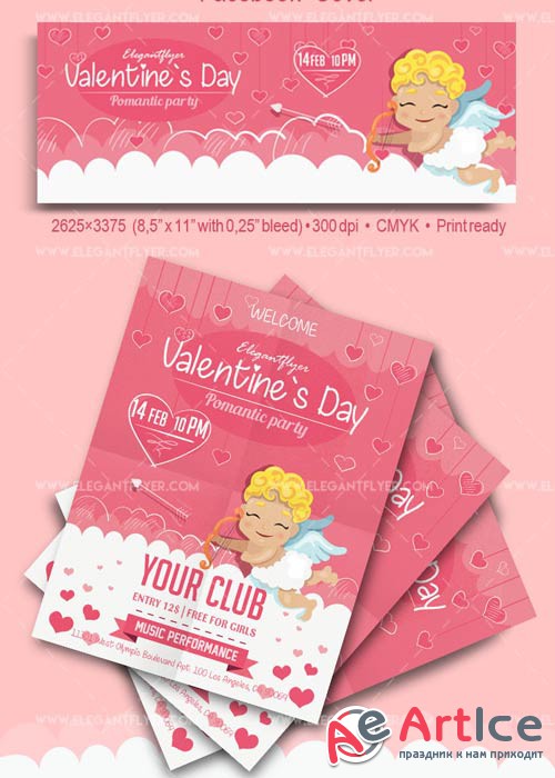 Valentine`s Day Party V25 2018 Flyer PSD Template + Facebook Cover
