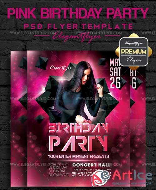 Pink Birthday Party V1 2018 Flyer PSD Template