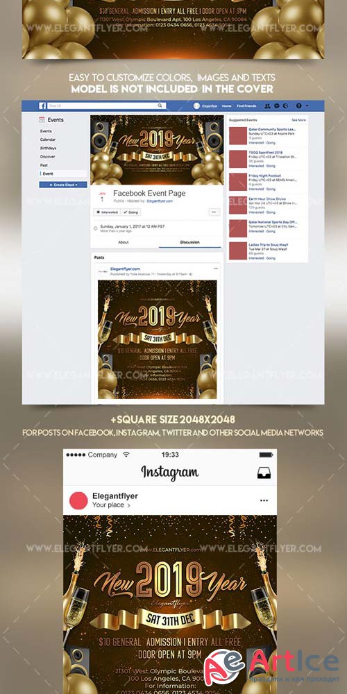 New Year V1 2018 Facebook Event + Instagram template + Youtube Channel Banner