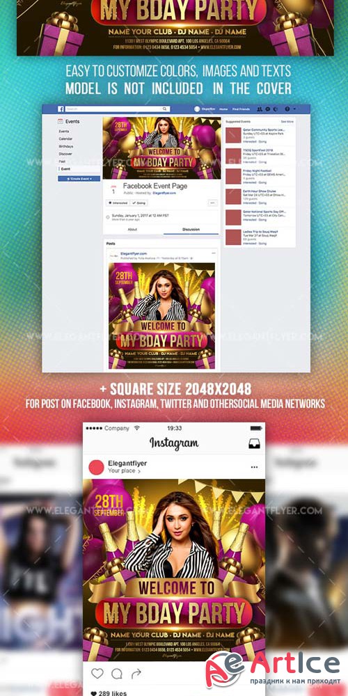 Welcome to My Birthday Party V1 2019 Facebook Event + Instagram Template + YouTube Channel Banner