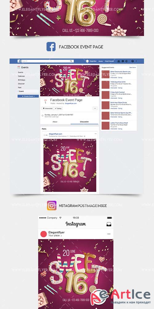 Sweet 16 Party V1 2019 Facebook Post + Instagram Story + YouTube Channel Banner