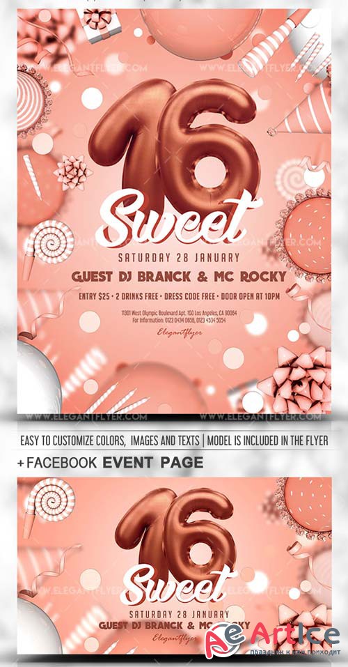 Sweet 16 V5 2019 PSD Flyer Template + Facebook Cover + Instagram Post