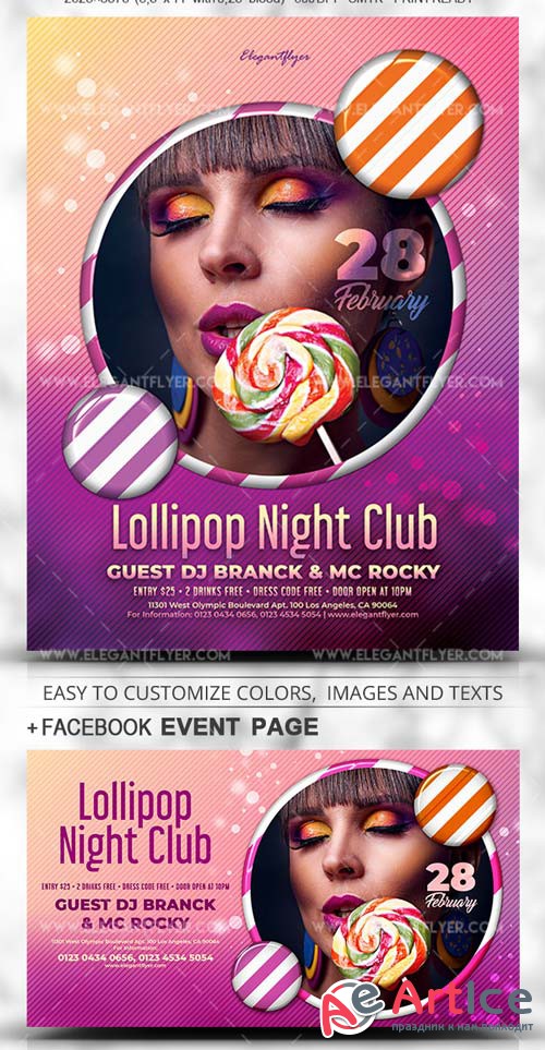 Lollipop Night Club V1 2019 Flyer PSD Template + Facebook Cover + Instagram Post