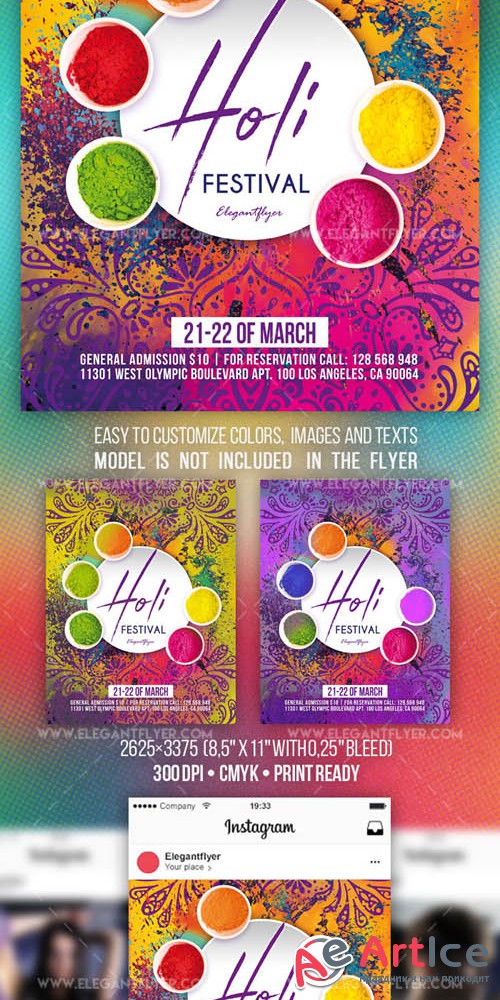 Holi Festival V4 2019 PSD Flyer Template + Facebook Cover + Instagram Post